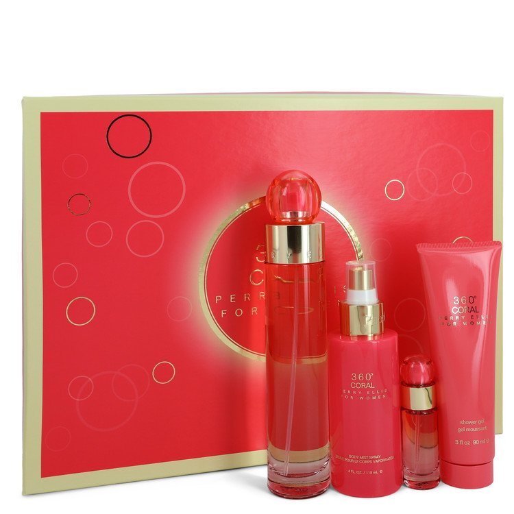 Perry Ellis 360 Coral by Perry Ellis Gift Set -- 3.4 oz Eau De Parfum Spray + .25 oz Mini EDP Spray + 4 oz Body Mist Spray + 3 oz Shower Gel for Women - Thesavour