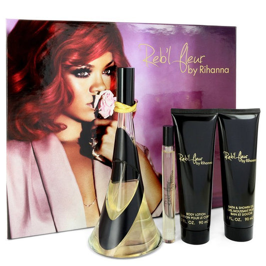Reb'l Fleur by Rihanna Gift Set -- 3.4 oz Eau De Parfum Spray + 3 oz Body Lotion + 3 oz Shower Gel + .34 oz Mini EDP Spray for Women - Thesavour