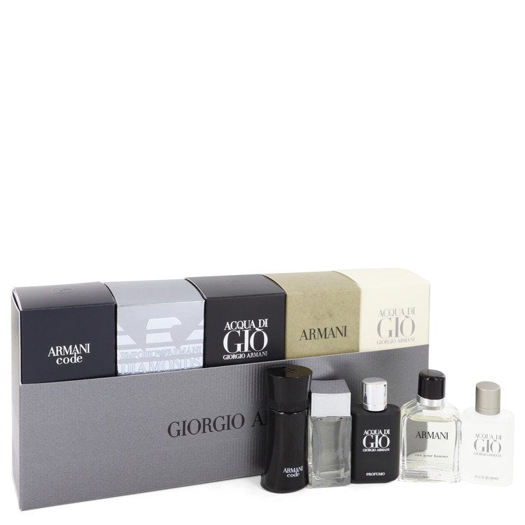 ARMANI by Giorgio Armani Gift Set -- Travel Set Includes.14 oz Mini Armani Code, .14 oz Mini Emporio Armani Diamonds,.17 oz Mini Acqua Di Gio, .24 oz Mini Armani and .17 oz Mini Acqua Di Gio Profumo for Men - Thesavour