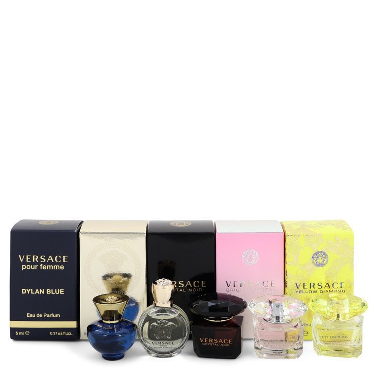 Bright Crystal by Versace Gift Set -- Miniature Collection Includes Versace Yellow Diamond, Bright Crystal, Crystal Noir, Eros and Pour Femme Dylan Blue all .17 oz sizes. for Women - Thesavour