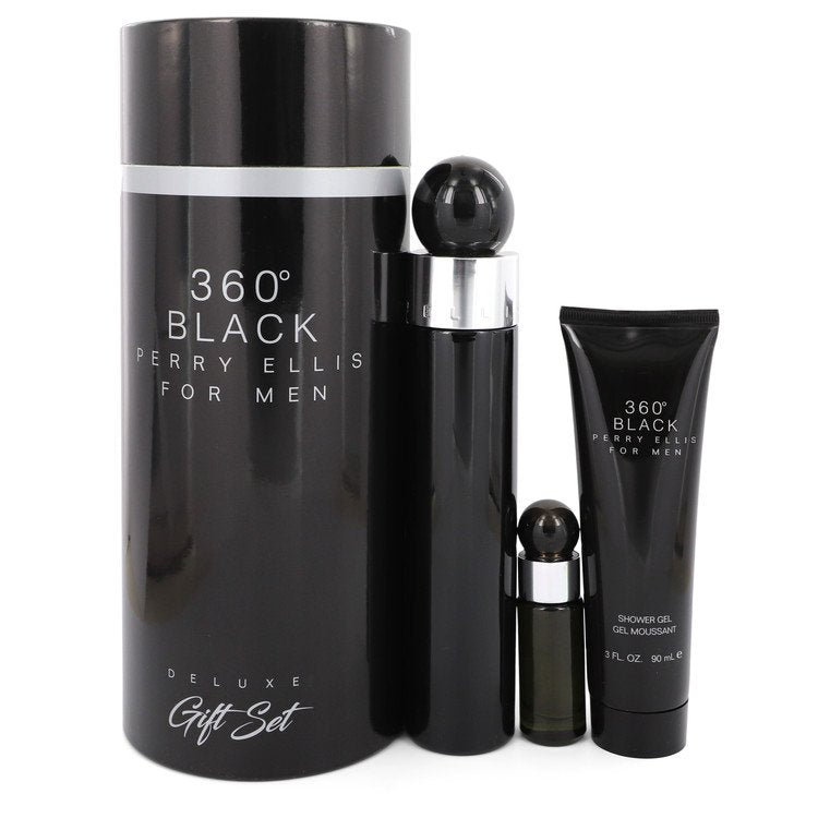 Perry Ellis 360 Black by Perry Ellis Gift Set -- 3.4 oz Eau De Toilette Spray + .25 oz Mini EDT Travel Spray + 3 oz Shower Gel for Men - Thesavour