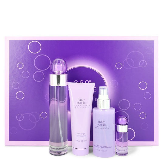 Perry Ellis 360 Purple by Perry Ellis Gift Set -- 3.4 oz Eau De Parfum Spray + .25 oz Mini EDP Spray + 4 oz Body Mist Spray + 3 oz Shower Gel for Women - Thesavour